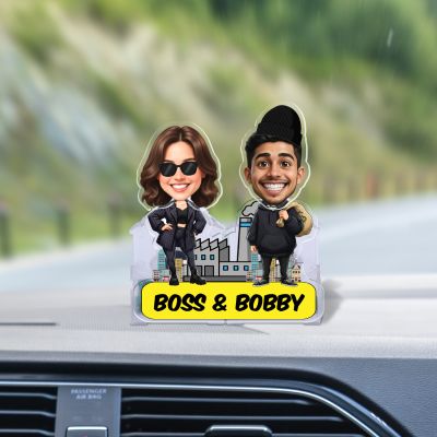 Personalized Bobblehead Caricature Custom with Face Cutout Battery Powered Moving Head for Car Dashboard & Tabletop Gift for Boss Lady